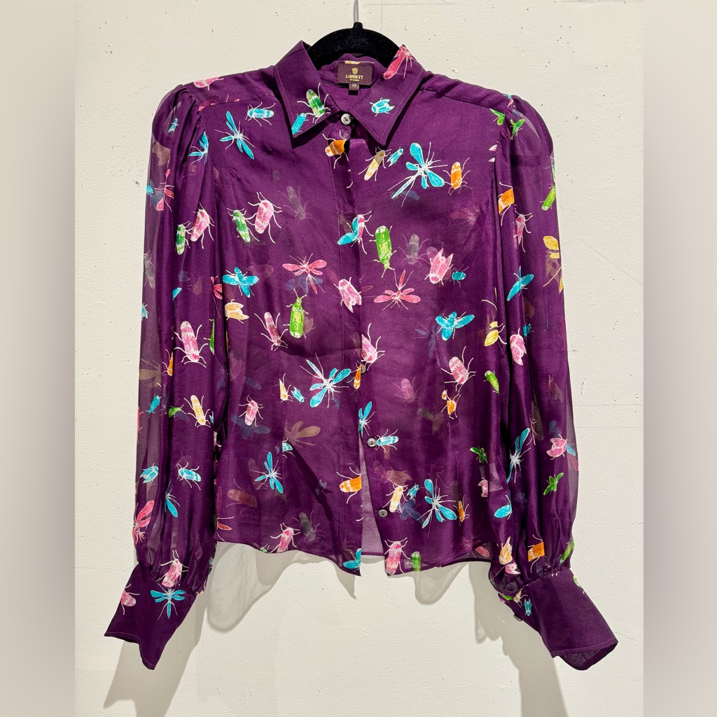 Liberty Of London 100% Silk Sheer Purple Blouse With Insect Pattern. Like New!